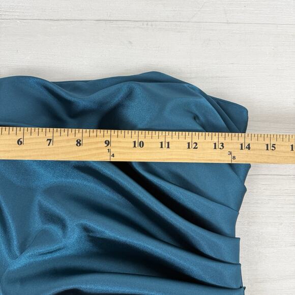 Xscape Strapless Mini Dress Size 4 Teal Satin Drape Wrap Cocktail Homecoming - Picture 13 of 16